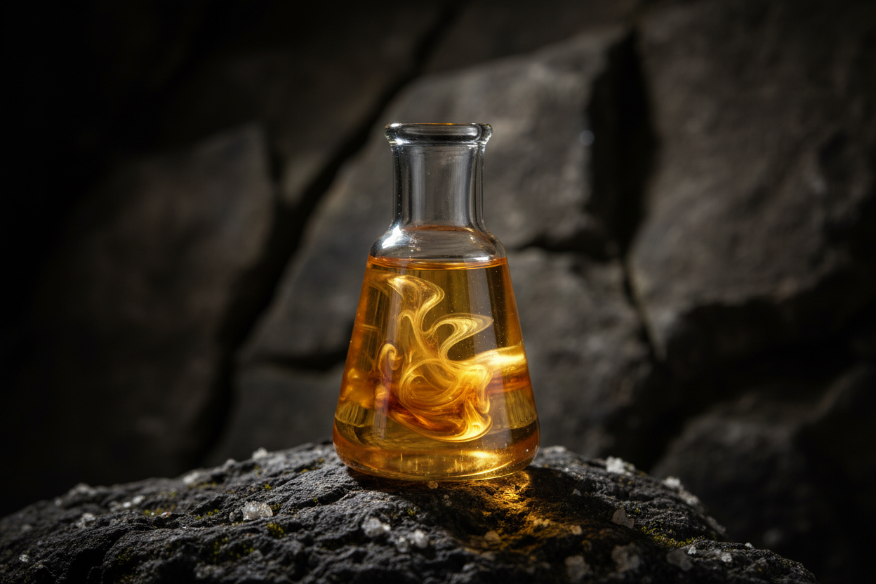 Shimmering Oil in Small Beaker - Dark Rocky Background